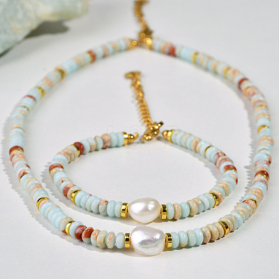 Natural Shoushan Stone & Freshwater Pearl & Brass Rondelle Beaded Necklaces & Beaded Bracelets Sets WG98AF4-01-1