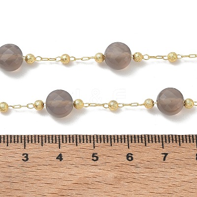 Natural Grey Agate Faceted Flat Round Beaded Chain Necklaces with Matte Brass Beads GG-CBA37F5-01G-12-1
