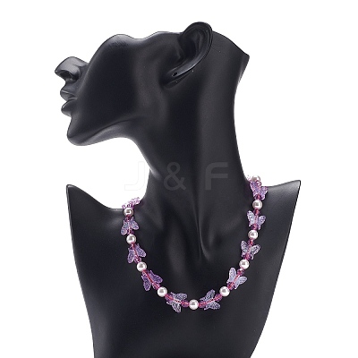 Acrylic Butterfly & Plastic Pearl Braided Beaded Necklace for Women NJEW-JN04053-1
