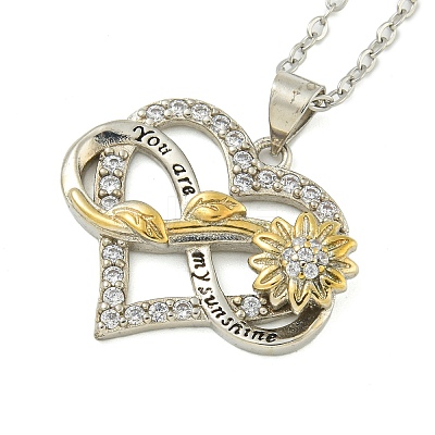 Brass Micro Pave Clear Cubic Zirconia Infinity Heart with Sunflower Pendant Necklaces for Women NJEW-G146-01P-1