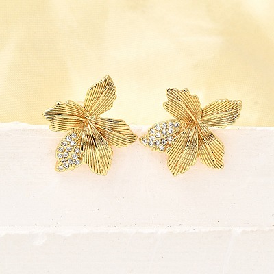 Flower Brass Micro Pave Cubic Zirconia Stud Earrings EJEW-B148-08C-G-1
