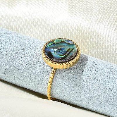 Flat Round 304 Stainless Steel Paua Shell Cuff Rings for Women X-RJEW-G346-10G-01-1