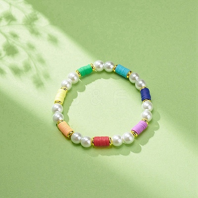 Polymer Clay Heishi & Glass Pearl & Brass Beaded Stretch Bracelet for Women BJEW-JB08754-1