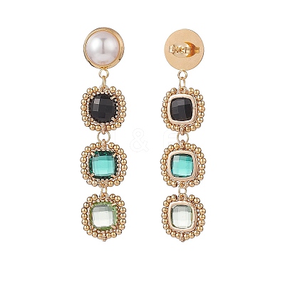 Glass Rectangle Beaded Long Dangle Stud Earrings with Imitation Pearl EJEW-TA00141-01-1