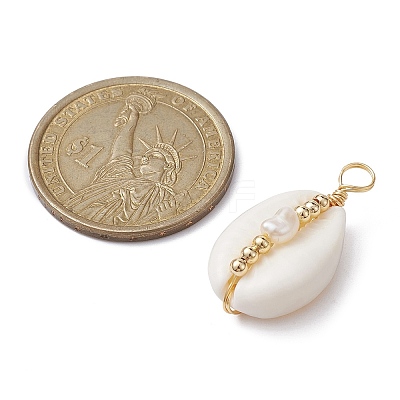 Natural Cowrie Shell Copper Wire Wrapped Pendants PALLOY-JF02277-02-1