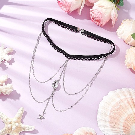 304 Stainless Steel Cable Chains & Electroplated Shell Pendant Tassel Thigh Leg Chains AJEW-AN00649-01-1