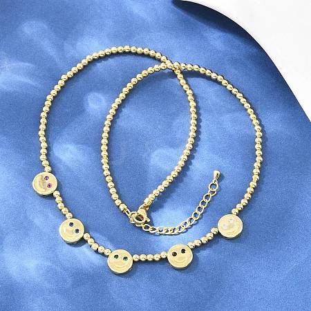 Brass Micro Pave Colorful Cubic Zirconia Smiling Face Round Beaded Bib Necklaces for Women NJEW-F364-07A-G-1