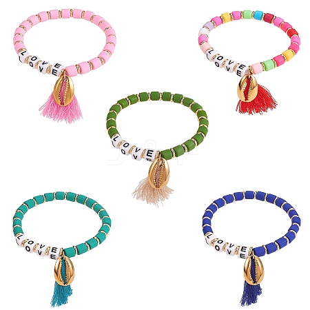 5Pcs 5 Colors Word Love Beads Stretch Bracelets Set for Girl Women BJEW-SZ0001-97-1