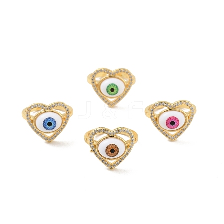 Cubic Zirconia Heart with Evil Eye Open Cuff Ring with Acrylic RJEW-B042-05G-1