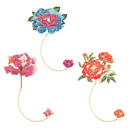 SUPERFINDINGS 3Pcs 3 Styles Peony Flower Enamel Bookmarks AJEW-FH0004-51-1