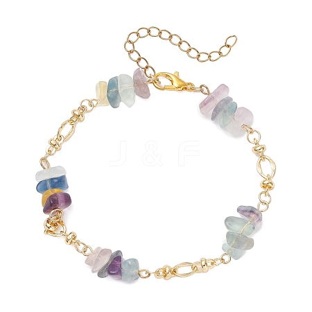 Natural Fluorite Chips & Brass Link Chain Bracelets BJEW-JB12642-1