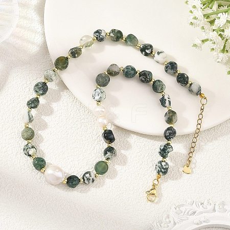 Natural Tree Agate Nuggets & Freshwater Pearl Potato Beaded Necklaces for Women NJEW-JN06488-1