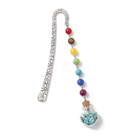 7 Chakra Gemstone Bead & Synthetic Turquoise Glass Heart Wishing Bottle Pendant Bookmarks AJEW-JK00313-04-1