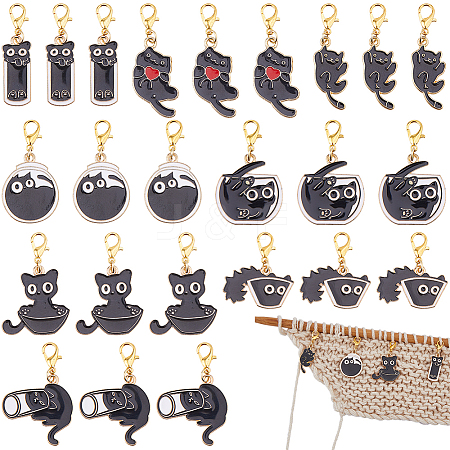 24Pcs 8 Styles Cat Alloy Enamel Pendant Locking Stitch Markers HJEW-HS00078-1
