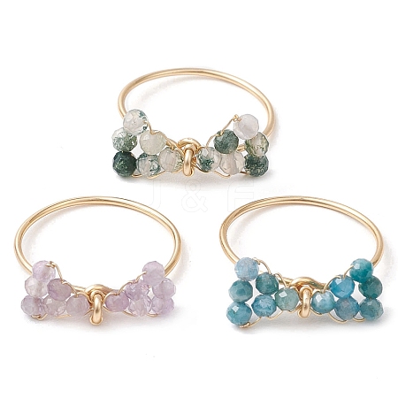 3Pcs 3 Styles Bowknot Natural Apatite & Moss Agate & Amethyst Beaded Finger Rings Sets RJEW-TA00148-1