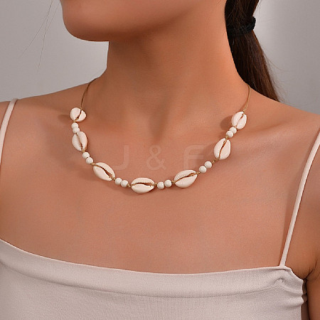 Natural Cowrie Shell & Round Acrylic Beaded Waxed Cord Braided Necklaces for Women FS-WG6249B-04-1