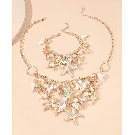Alloy & Natural Shell & Plastic Pearl Pendant Necklaces & Bracelets Sets FS-WG6B6AD-01-1