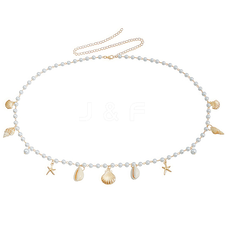 Natural Shell  and Iron Starfish Tassel Imitation Pearl Link Chain Waist Chains for Women AJEW-CP0011-35B-1