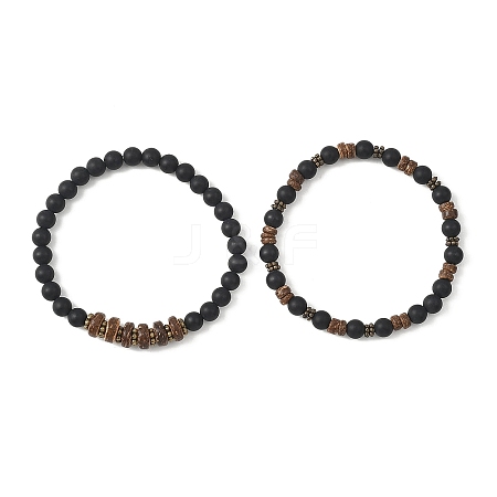 2Pcs 2 Styles Coconut and Natural Black Agate Beads Stretch Bracelets for Women BJEW-JB12672-1