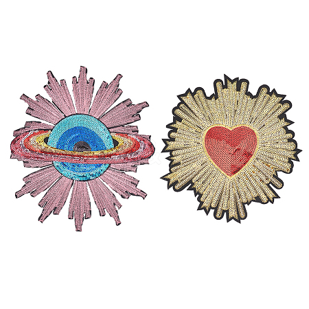 Fingerinspire 2Pcs 2 Style Planet & Heart Computerized Embroidery Cloth Iron On Sequins Patches PATC-FG0001-20-1