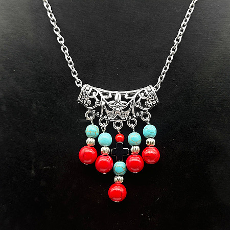 Ethnic Style Alloy with Synthetic Turquoise Tassel Pendant Necklaces for Women LS9593-1