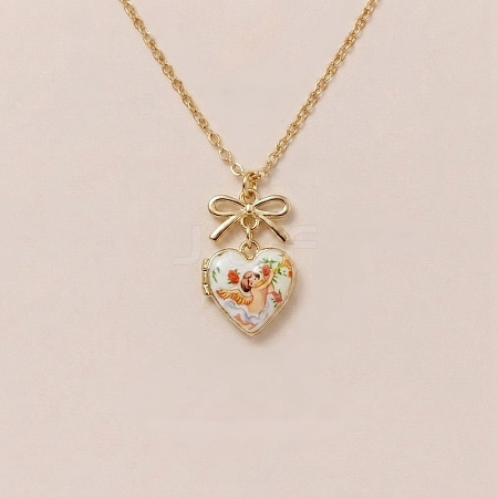 Brass Enamel Bowknot Angel Heart Photo Locket Pendant Necklaces for Women KK-CBAF5B9-03G-1