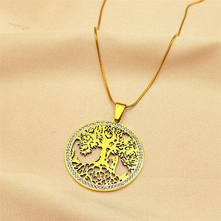 304 Stainless Steel Hollow Tree of Life Pendant Necklaces NJEW-S007-15G-1