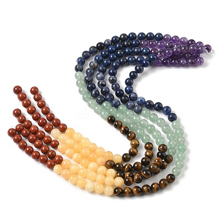 Chakra Natural Red Jasper & Yellow Jade & Green Aventurine & Tiger Eye & Sodalite & Amethyst Beads Strands X-G-NH0002-E02-8mm-1