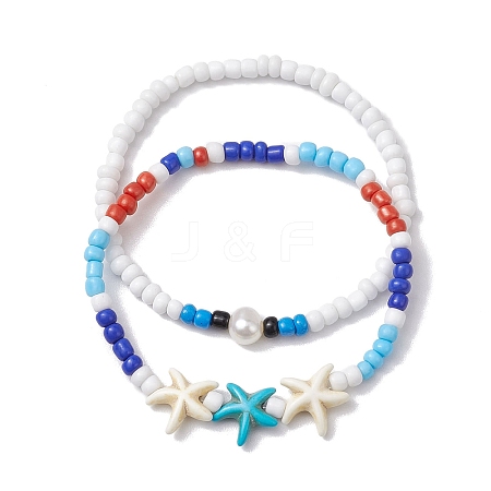 Summer Beach Starfish Synthetic Turquoise & Pearl Bracelet Sets BJEW-JB10347-01-1