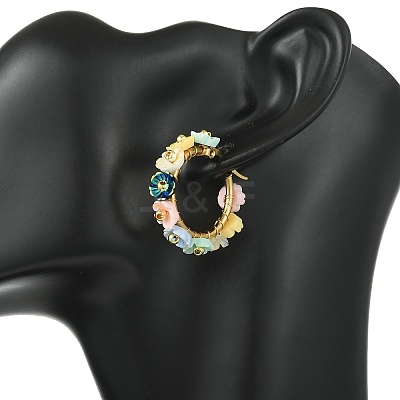 201 Stainless Steel & Resin Beaded Flower Hoop Earrings EJEW-JE07175-01-1