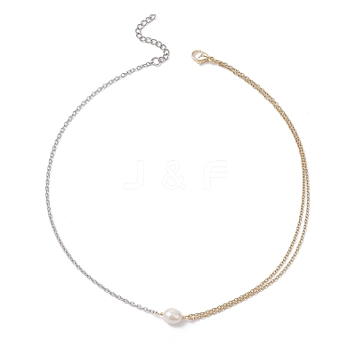 Natural Cultured Freshwater Pearl Rice Pendant 304 Stainless Steel Cable Chain Double Layer Necklaces NJEW-JN05682-1