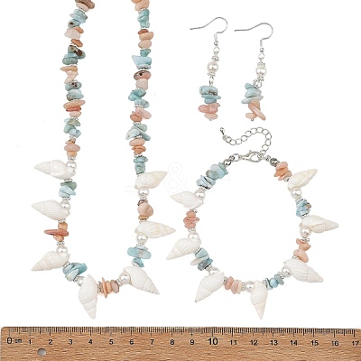 Natural Morganite & Larimar Chips Beads & Natural Spiral Shell Necklaces & Dangle Earring & Bracelets Sets SJEW-JS01387-1