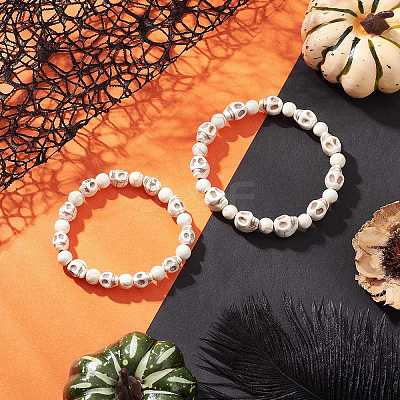 2Pcs 2 Styles Halloween Synthetic Turquoise Skull & Round Beaded Stretch Bracelet Sets for Men Women BJEW-JB12252-1