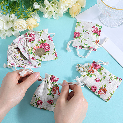 4 Styles Flower Print Burlap Packing Pouches ABAG-BBC0001-03A-1