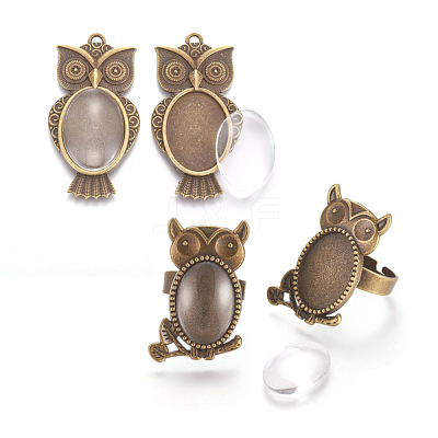 Vintage Adjustable Iron Owl Finger Ring Settings and Alloy Cabochon Bezel Settings FIND-X0010-02AB-1