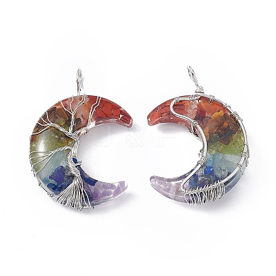 7 Chakra Natural Mixed Stone Chip Copper Wire Wrapped Big Pendants G-F733-03A-1