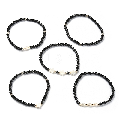 5Pcs 5 Style Synthetic Black Stone & Pearl & Shell Star Beaded Stretch Bracelets Set BJEW-JB09495-02-1