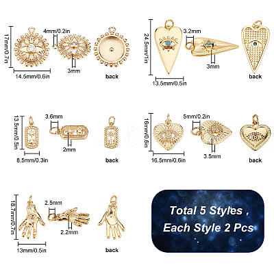 10Pcs 5 Style Brass Micro Pave Clear Cubic Zirconia Pendants FIND-SC0002-59-1