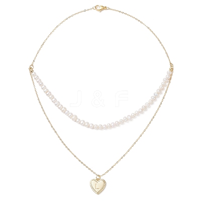 Natural Cultured Freshwater Pearl Potato Beaded Brass Heart with Letter Pendant Double Layer Necklaces NJEW-JN05392-02-1