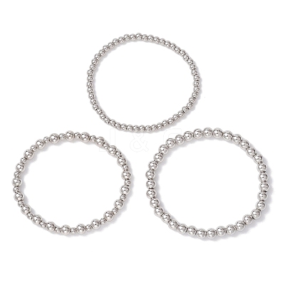 3Pcs 3 Styles Brass Round Beads Stretch Bracelets for Women BJEW-JB12796-1