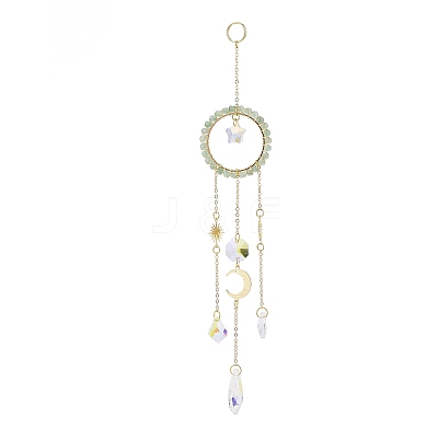 Natural Green Aventurine Woven Net/Web with Feather Window Hanging Suncatchers HJEW-JM00852-02-1