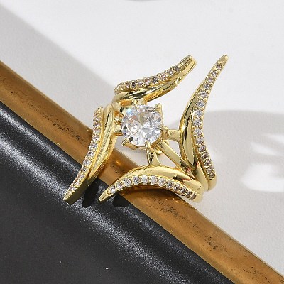 Brass Micro Pave Cubic Zirconia Cuff Open Rings for Women RJEW-L343-09G-01-1