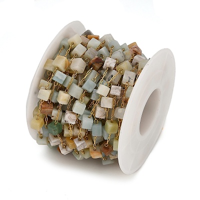 Handmade 304 Stainless Steel Shoushan Stone Beads Cube Link Chains CHS-B011-02G-01-1
