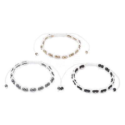 3Pcs Natural Dyed Black Agate & Non-Magnetic Synthetic Hematite Round Beaded Braided Bead Bracelets for Men Women BJEW-JB12544-1
