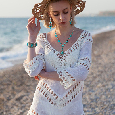 Synthetic Turquoise Hollow Out Teardorp Chandelier & Dangle Stud Earring & Stretch Bracelet & Lariat Necklace & Link Chain Waist Belt SJEW-AN0001-01-1