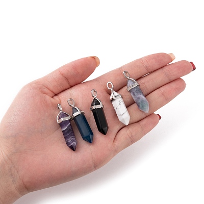 5Pcs 5 Style Natural Mixed Gemstone Pointed Pendants G-FS0001-31-1