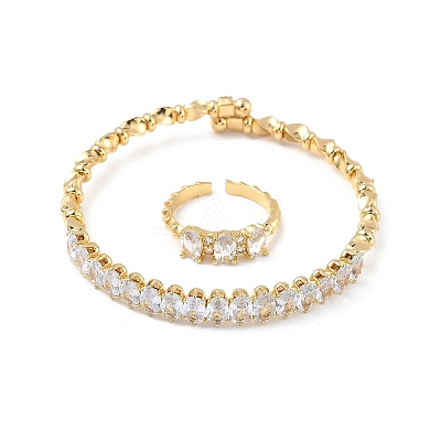 Oval Brass Micro Pave Cubic Zirconia Cuff Bangles & Rings Sets for Women SJEW-R002-06G-08-1