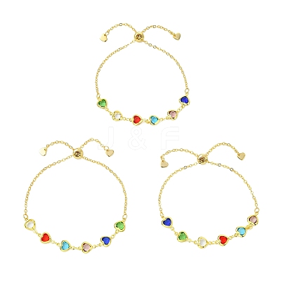 Adjustable Brass Glass Heart Link Chain Slider Bracelets for Women BJEW-JB14162-1