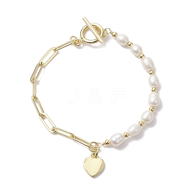 Natural Cultured Freshwater Pearl Beads Paperclip Chains Heart Charm Bracelets with Toggle Clasps for Women BJEW-JB10193-1