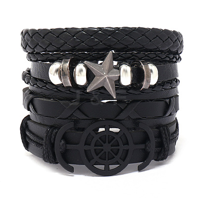 4Pcs 4 Styles Alloy Artificial Leather Cord Bracelet Sets for Men FS-WG9743B-02-1